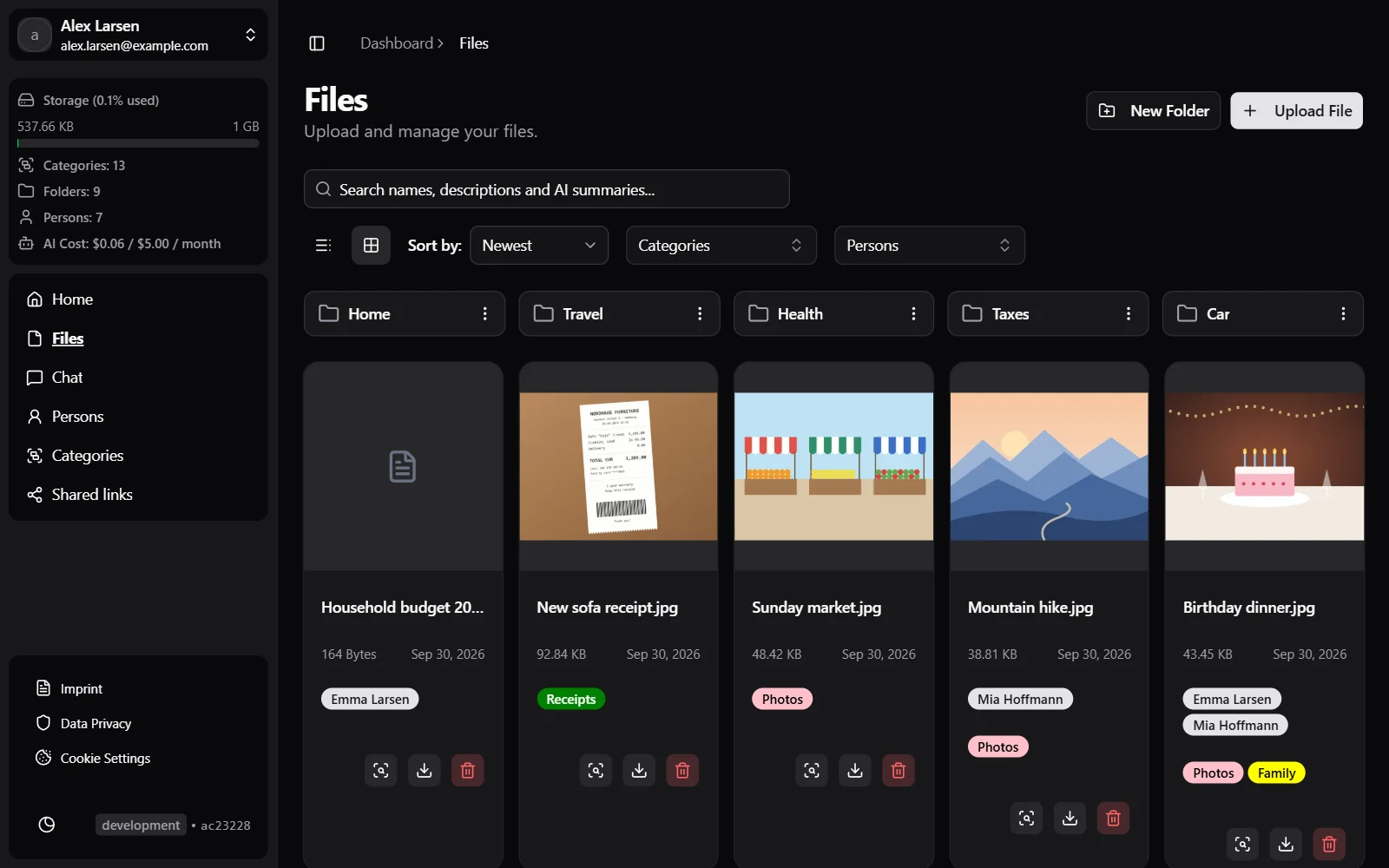 The files view with folders, categories and people