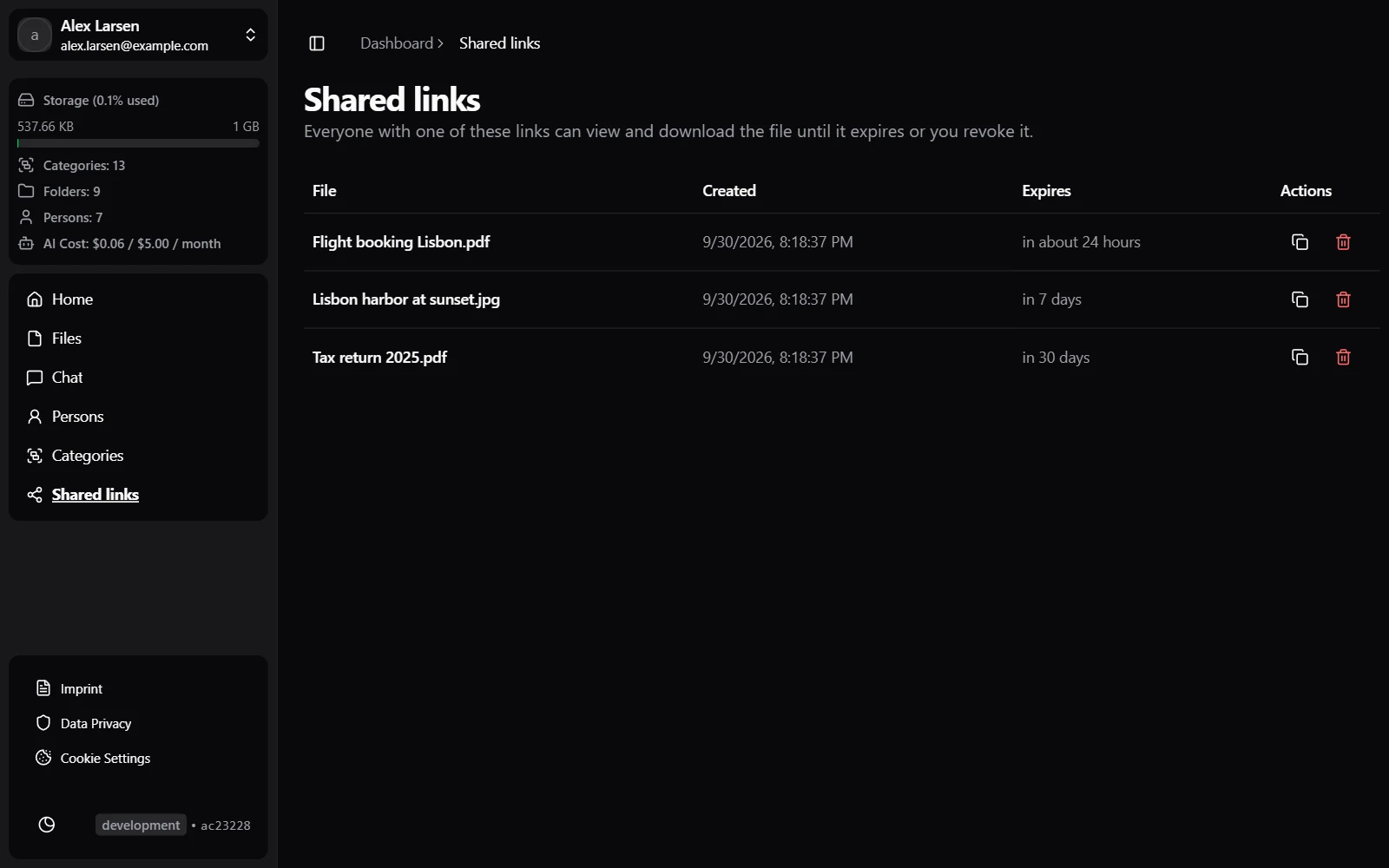 Shared links with their expiry dates